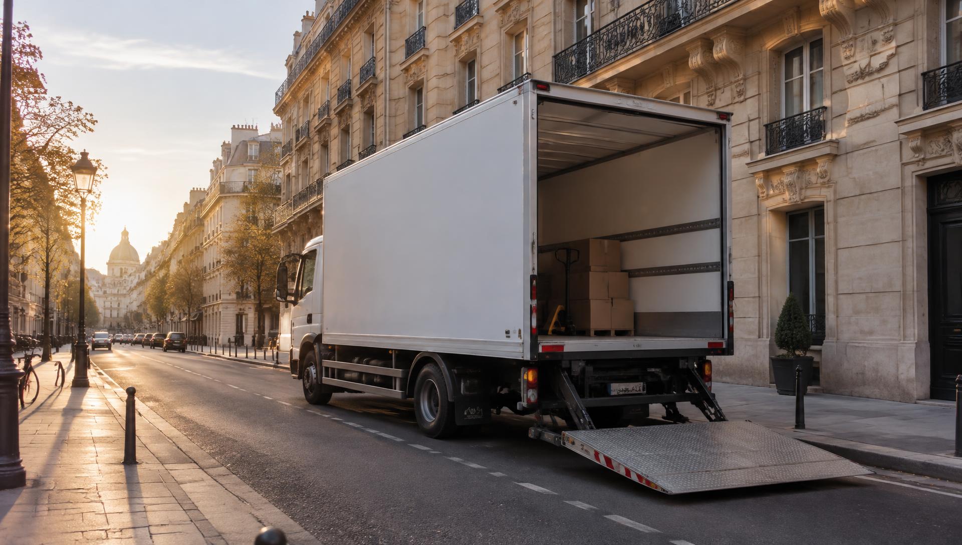 Camion de location 20 m³ avec hayon élévateur déplié, stationné dans une rue de Paris